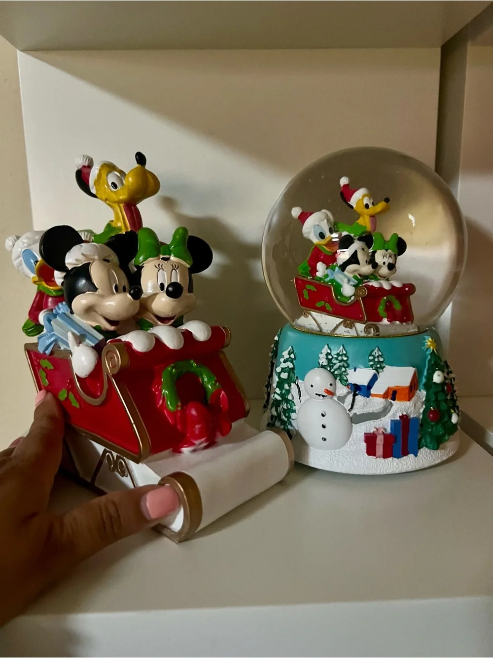 2 Large Disney Mickey & Friends Red Sleigh Holiday Snow Globe and Figurine Set